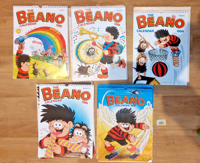 Five x The Beano Calendars for 1992, 93, 94, 95 & 96 +4 envelopes. (RefY309)