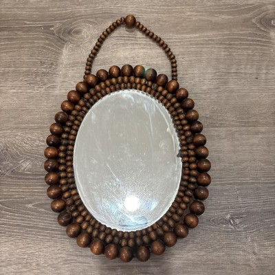 VTG Beaded Wood Wall Mirror Boho Hippie 1970s