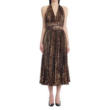 NWT Dolce & Gabbana Leopard Print Halter Neck Pleated Midi Dress 44 L
