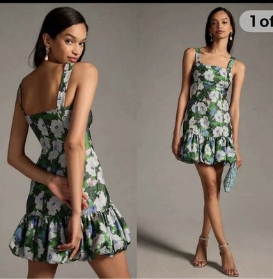 Maeve Anthropologie Square Neck Jacquard Bubble Hem Mini Floral Dress Size 10