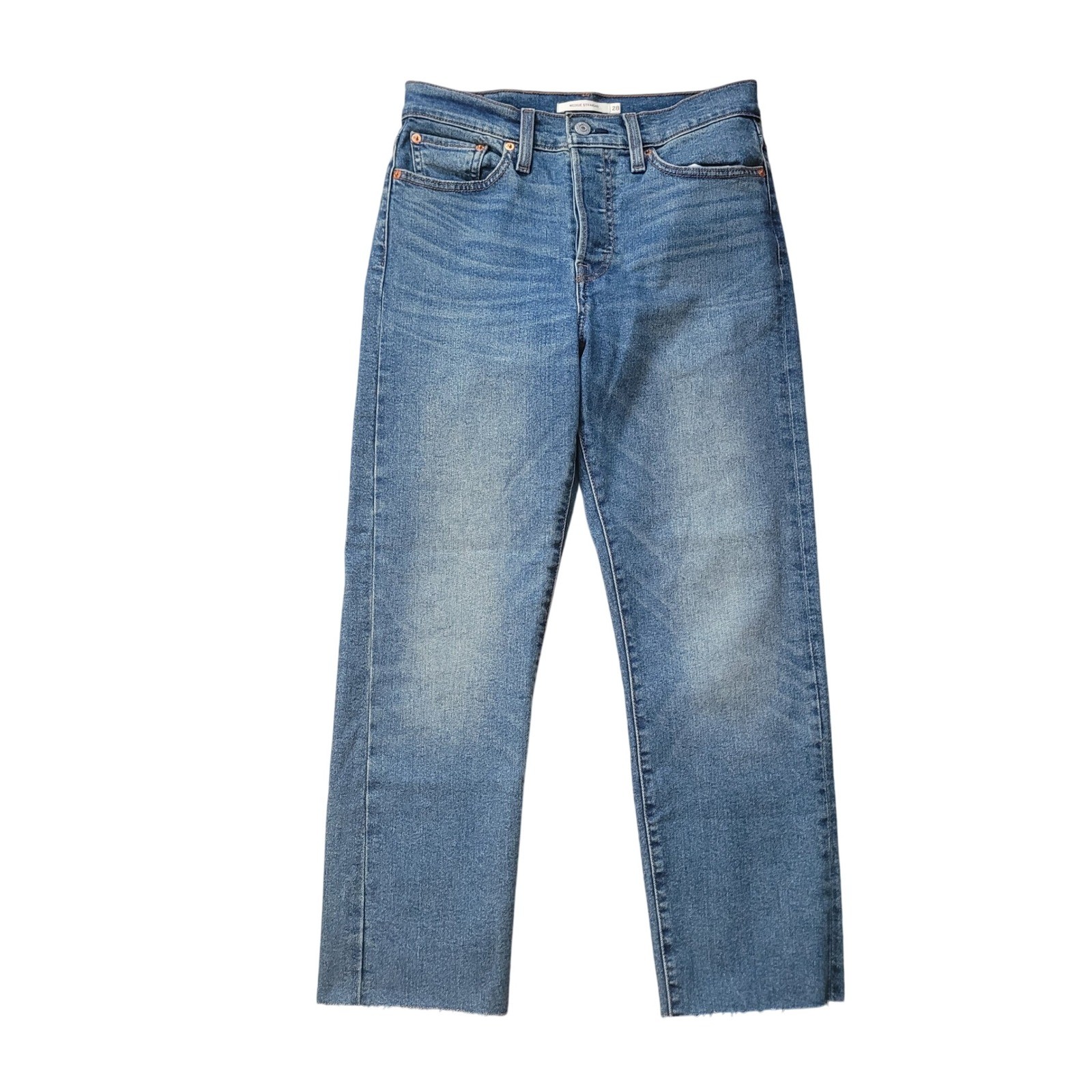 Levi's Womens 28 Wedgie Straight Jeans Blue High Rise Raw Hem Button Fly Stretch