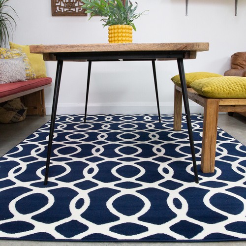 Blue Navy Living Room Rugs Denim Small Large Geometric Rugs Long Hallway Runners - Picture 33 of 45