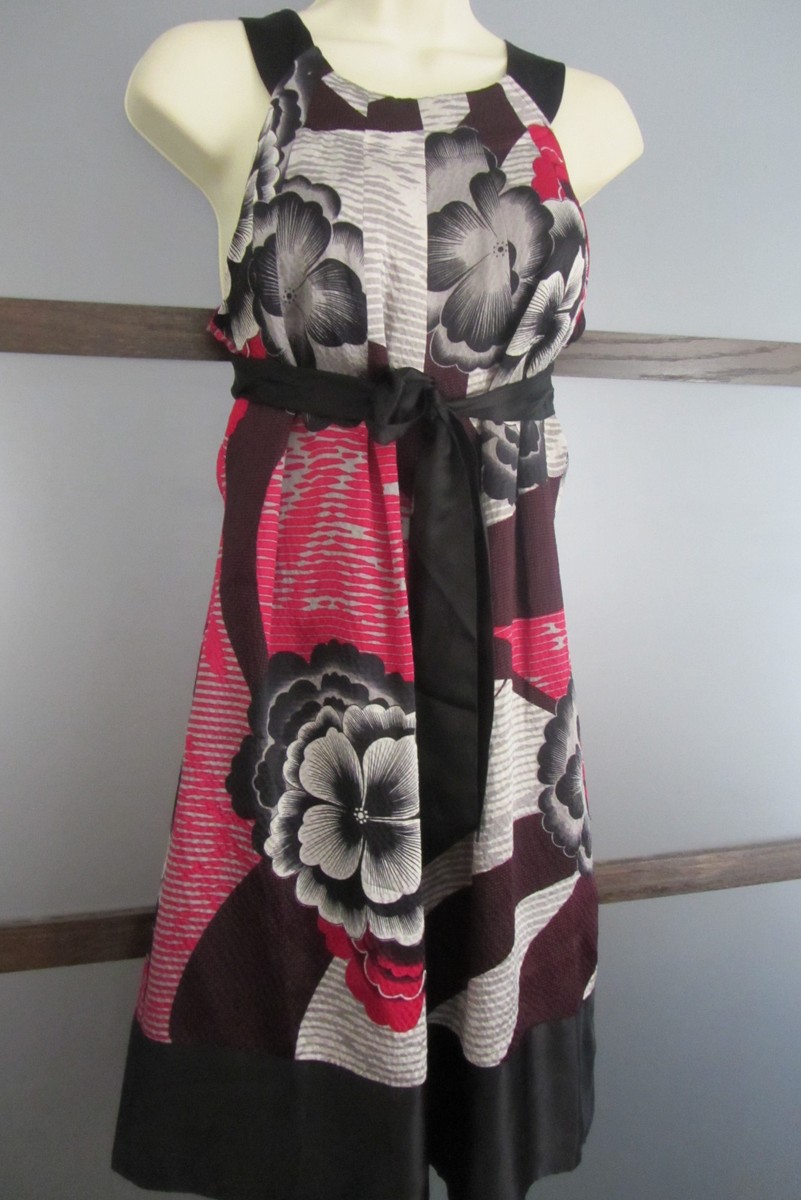 Ted Baker Dress Black Red W Print Floral Trapeze SILK Ted Sz 2 US
