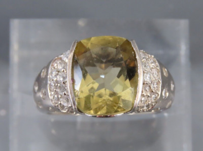 STERLING SILVER Honker Cocktail Ring GREEN-YELLOW CITRINE White Topaz Dots 7.5