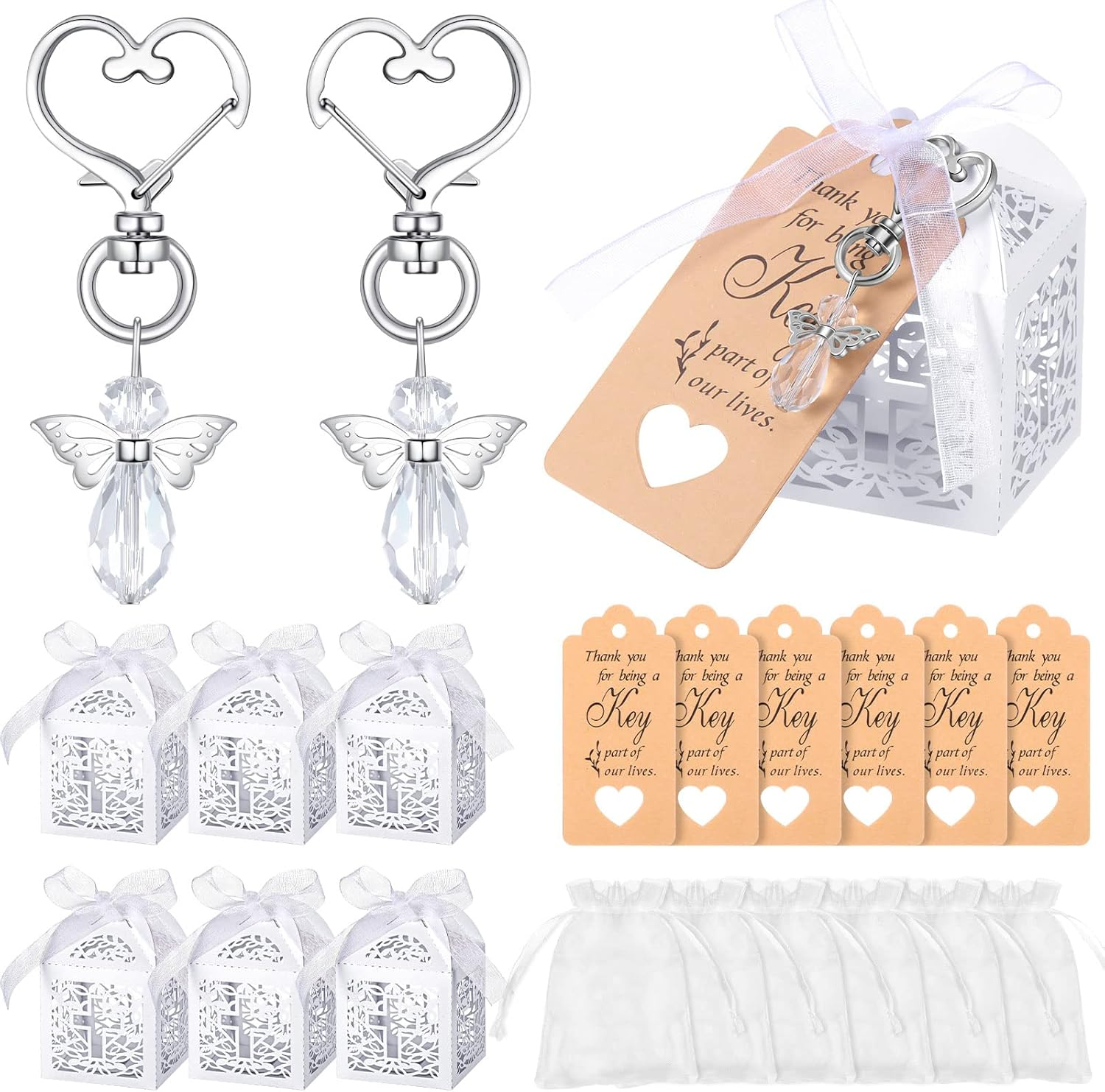 100 White Organza Angel Keychains for Baptism Party Favors Box