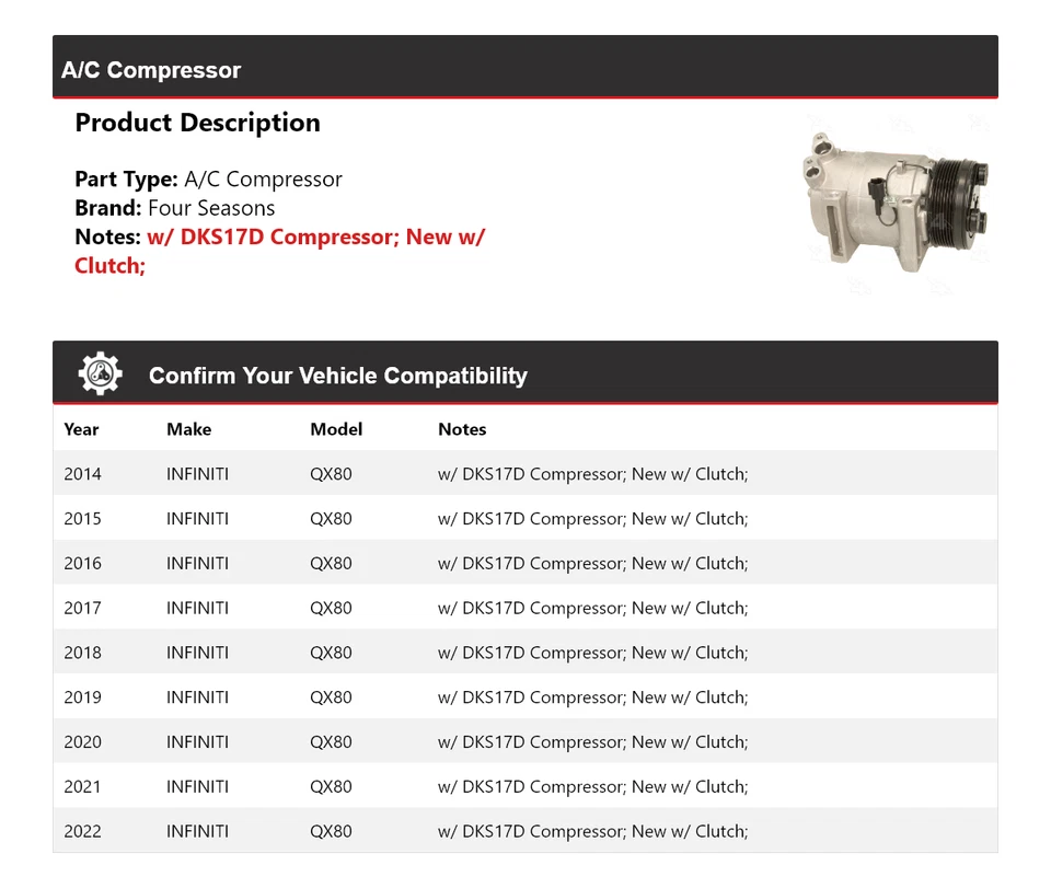 Compresor de aire acondicionado Infiniti QX80 2014-2022 4 estaciones 2015 2016 2017 2018 2019 Foto 2 de 4