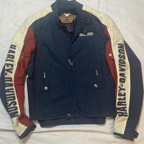 Harley-Davidson Nylon Racing Jacket Red White Blue Spellout Logo Men's Small - Picture 6 of 12