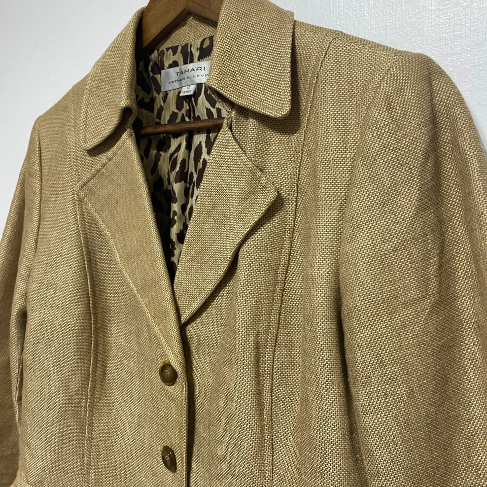 Blazer Tahari Arthur Levine para mujer 10 mezcla de lino tostado 3 bolsillos con botones carrera Foto 3 de 4