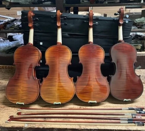4 VERY NICE USED FLAMED FULL SIZE STUDENT VIOLINS WITH CASE AND BOWS