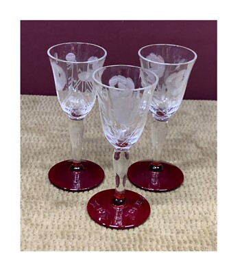 3 VTG ETCHED CLEAR GLASS FLORAL W/RUBY RED BASE STAND FOR YOUR WINE OR WHATEVER