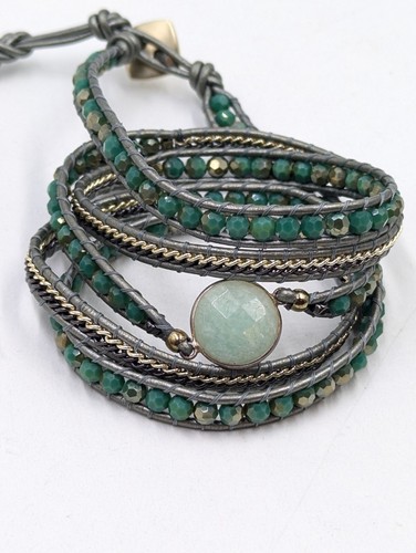 Nakamol Wrap Bracelet with Green Crystal Beads Woven Onto Gray Leather U183 - Picture 3 of 5