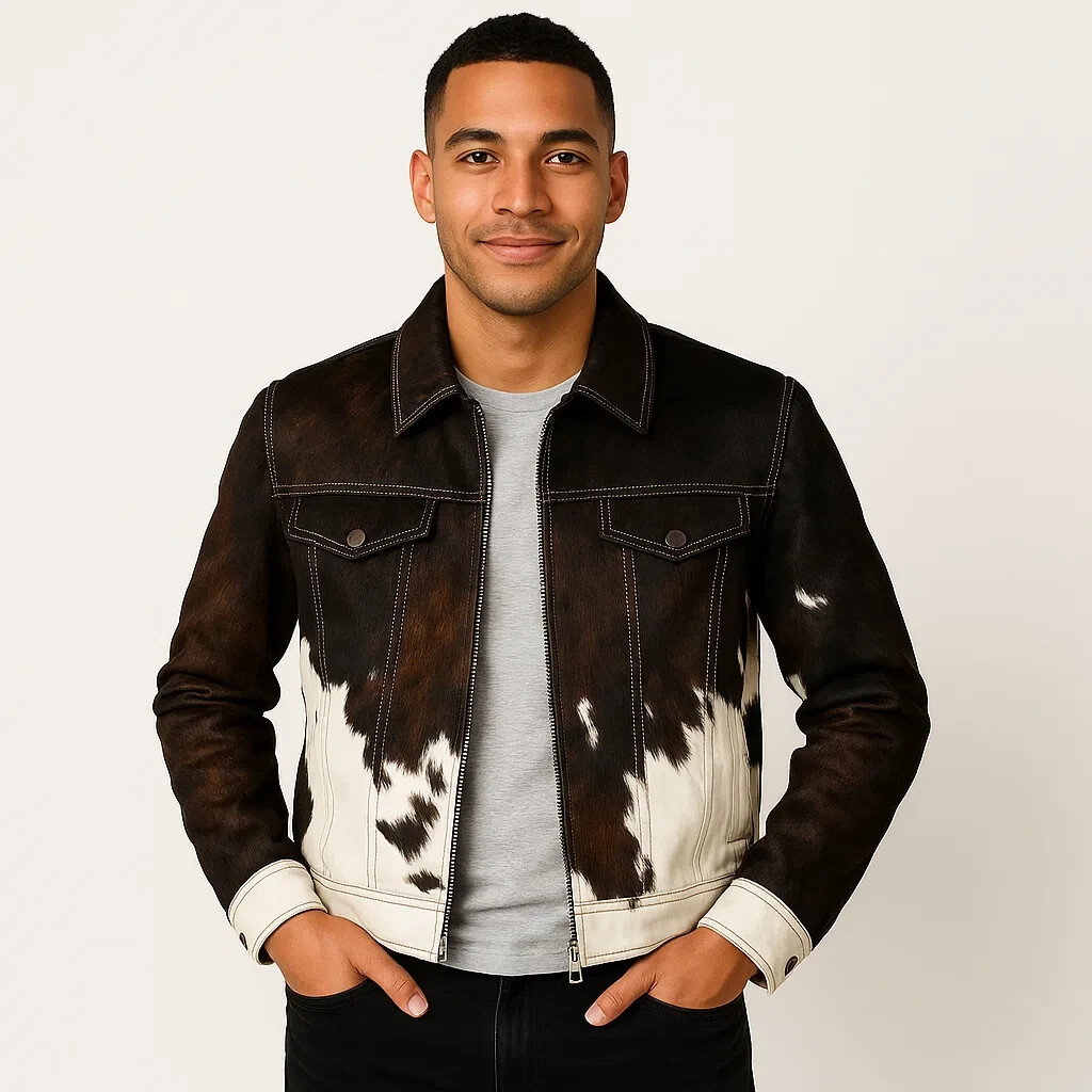 PONY Giacca da uomo in pelle di mucca con capelli vera pelle di cavallo stampa animalier cappotto premium