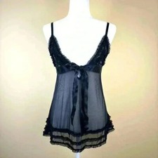 Fredericks Hollywood Black Sheer Lace Plunging Babydoll Chemise Lingerie Size S