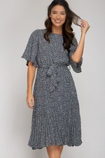 Women's Flutter Half Sleeve Printed Woven Midi Dress w/ Pleated Skirt She + Sky