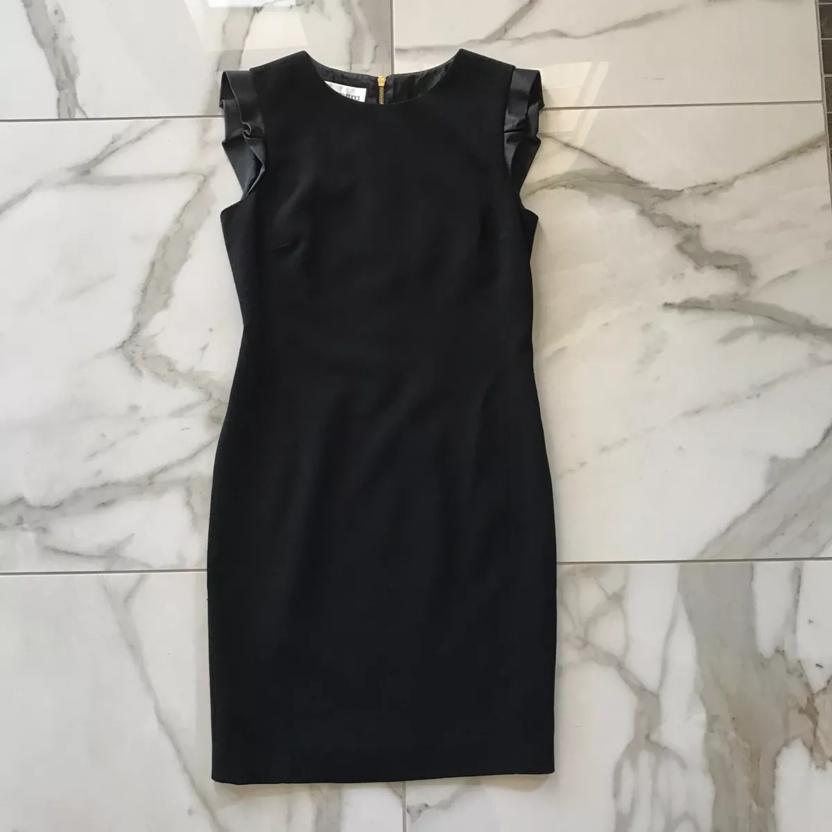 Emilio Pucci Black Crepe Sheath Dress with Ruffled Lamb Leather Cap Sleeves...