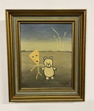 Signed J. D. Sine 82 Oil On Artist Board Outsider Art 12 7/8” X 10 7/8” X 1 1/2”