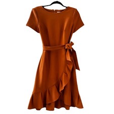 CALVIN KLEIN Ruffle Hem Tie Waist Dress Womens Size 6 Terracotta Burnt Earth