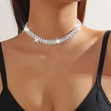 Rhinestone Choker Necklace Silver Crystal Sparkle Prom Evening Bridal Bing NEW