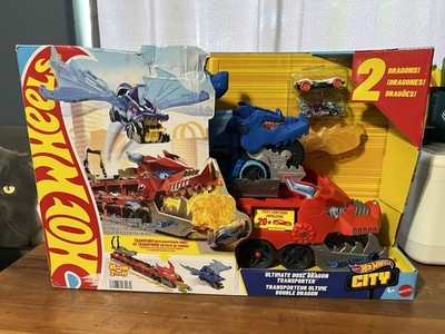 Hot Wheels City Toy Car Track Set, Ultimate Dual Dragon Transporter New READ