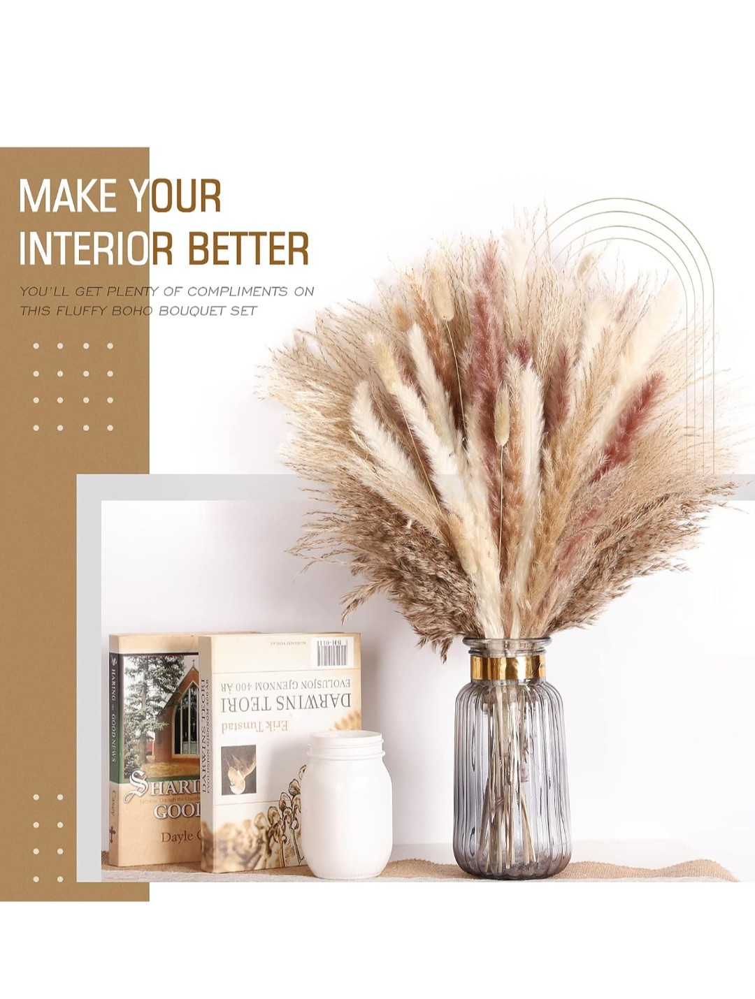 N&T NETING  Pampas Grass Decor, White Grass, Brown 