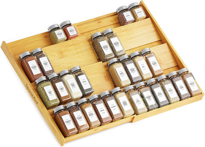 Bamboo Spice Drawer Organizer, (Need 3'' Deep Drawer) Expandable 4 Tier Spices Ra