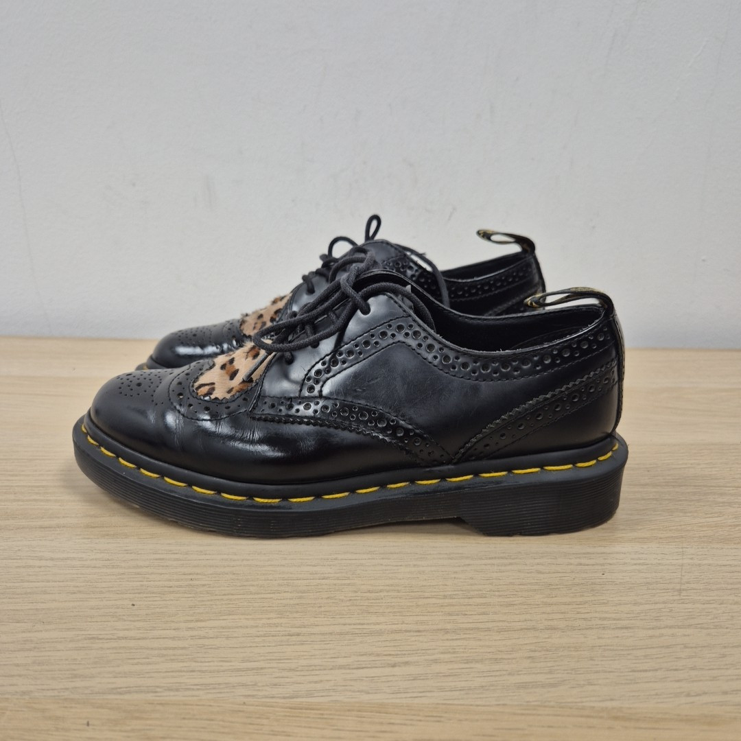 Dr Martens Joyce Heart Hair On Leopard Print Brogue Black Shoes Size Uk 4 Eu 37