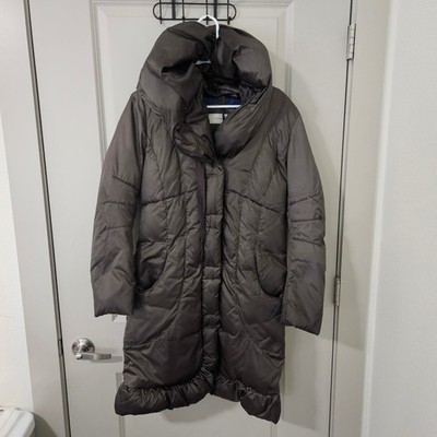 Tahari Womens Down Puffer Coat Brown Shawl Collar Ruffle Hem Parka Jacket Size M