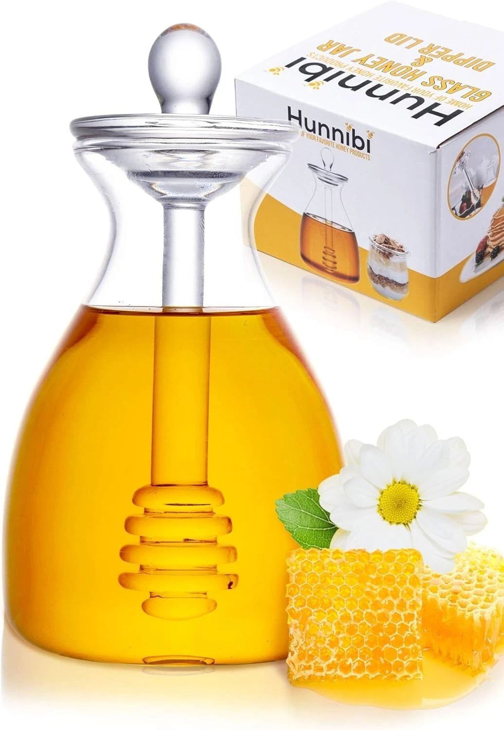 Hunnibi Handmade Honey Jar with Dipper Glass Made Honey Dipper Honey Dispenser