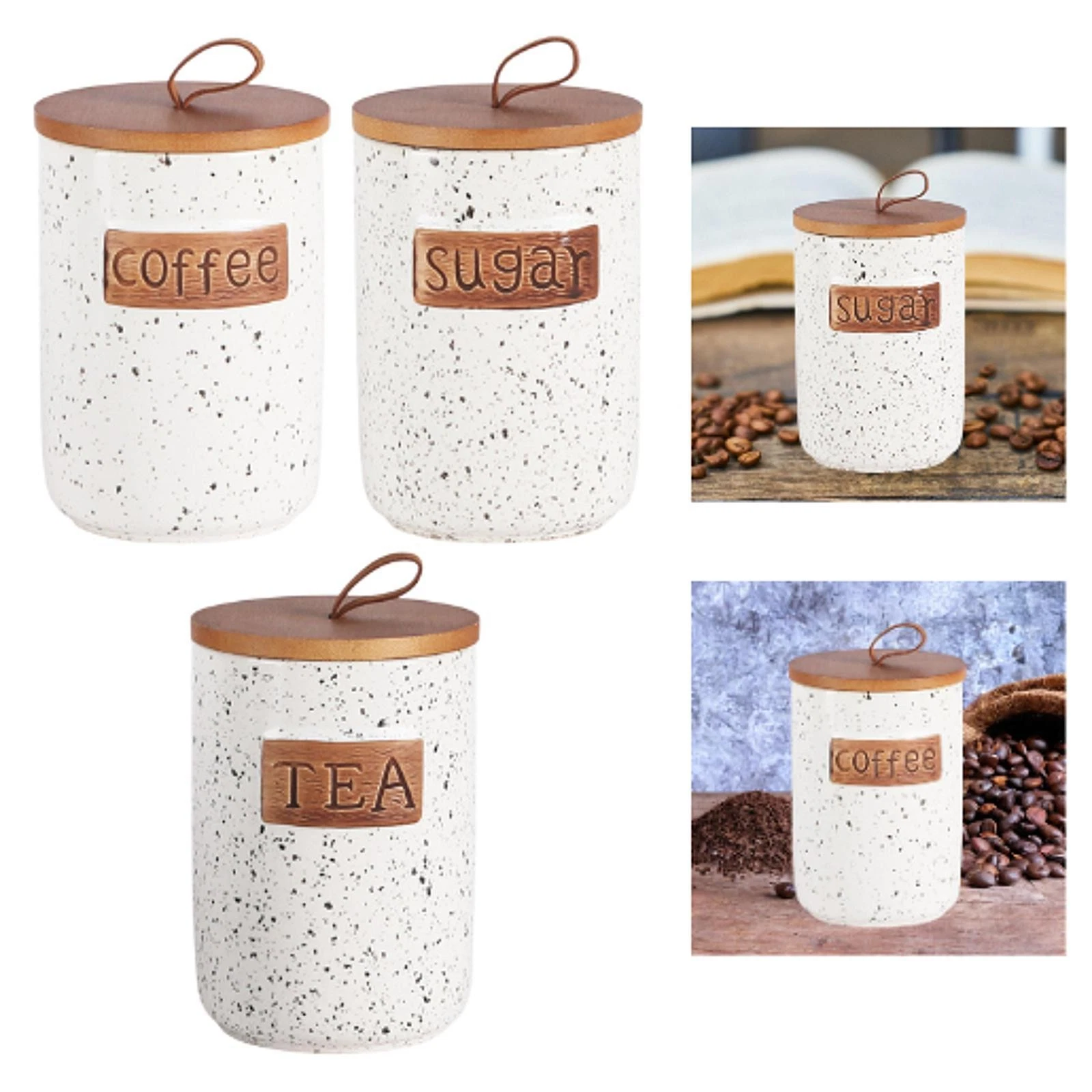Ceramic Canister with Airtight Wooden Lid with Top Handle Countertop Ceramic Jar