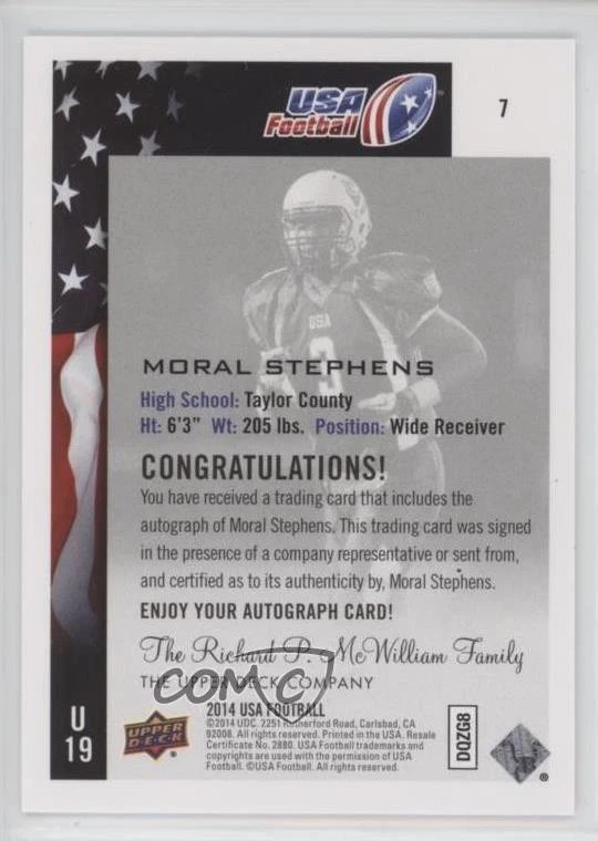 2014 Upper Deck USA Football Auto Moral Stephens #7 Auto - Image 2 of 2