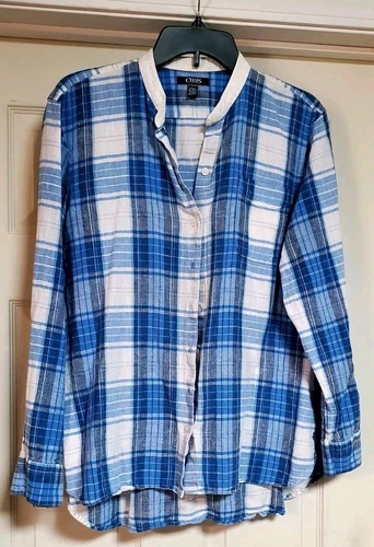 CHAPS Shirt Womens XL Plaid Blue Button Up Long Sleeve Cotton