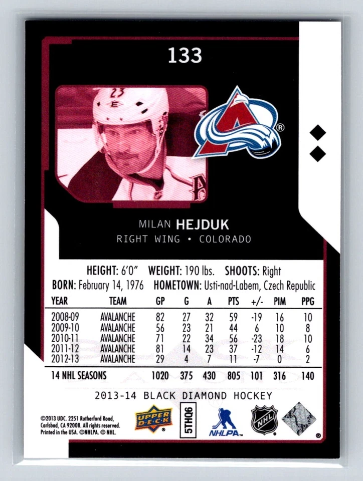 2013 Upper Deck Black Diamond #133 Milan Hejduk Colorado Avalanche - Image 2 of 2
