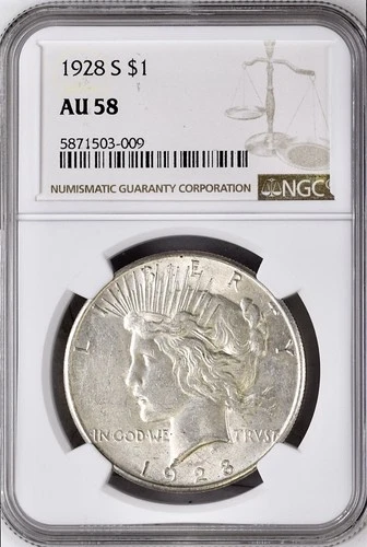 1928 S PEACE SILVER DOLLAR NGC AU58