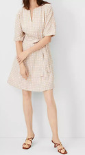 NEW ANN TAYLOR BAGUETTE LATTICE LINEN BLEND SPLIT NECK FLARE DRESS SZ 4