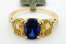 GENUINE BLUE SAPPHIRE, YELLOW TOPAZ & DIAMOND RING 10K GOLD- Free Certificate