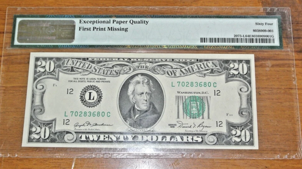 1981 FEDERAL RESERVE NOTE $20 SAN FRANCISCO PMG CU 64 EPQ MISSING PRINT ERROR - Image 2 of 4
