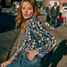 Sezane 法国复古衬衫 M 38 花刺绣长袖上衣-