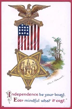 Vtg Clapsaddle Patriotic PC GAR Badge Eagle Flag Odd Back Design A/S Emb c1914