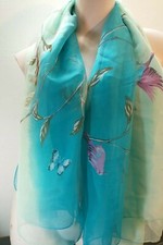 Silk Feel Blue Shades Birds butterflies Leaves Print 61" x 55" Scarf