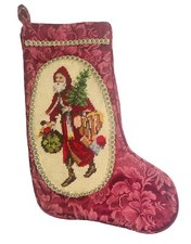 VTG Needlepoint Tree Old World Stocking Father Christmas Victorian Damask Wool