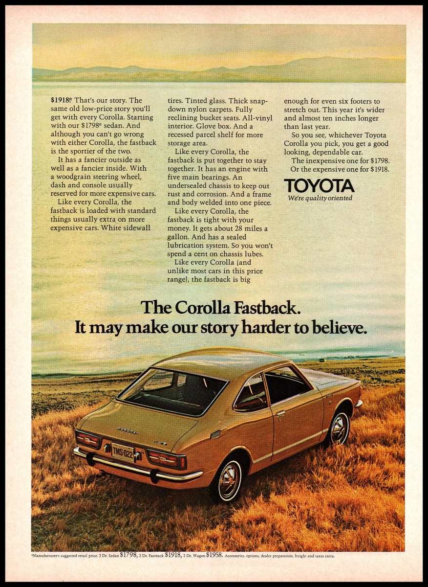 W*7様 トヨタ 昭和旧車カタログ71冊 COROLLA Supra CORON 1971 Toyota Corolla Fastback 2 Door Coupe Vintage Print Ad Beach