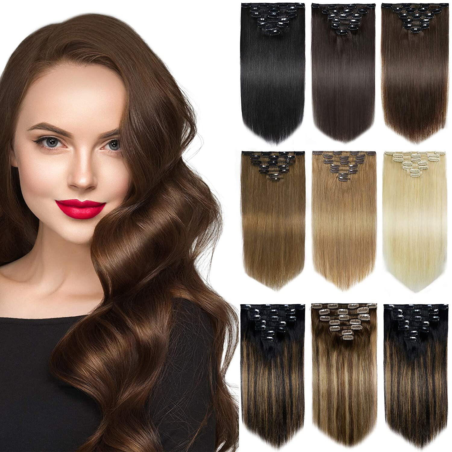 Clip in Hair Extensions Real Human Hair Double Weft Clips in Remy Hair Full Head