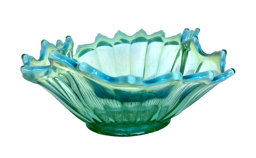 Vintage 1950's Fostoria Opalescent Green. Stretch Art Glass Bowi 14" Long - Picture 7 of 13
