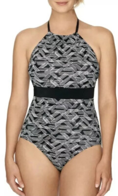 NWT Time & Tru Women's Print High Neck One Piece Swimsuit Rich Black XL
