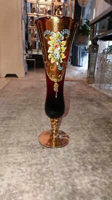 Vintage handbemalte Emaille Blumen rot mit Goldrand venezianische Glas Vase