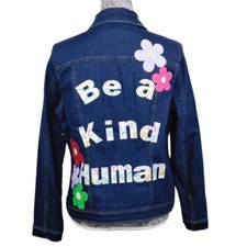 Be A Kind Human Patches Flowers Upcycled Denim Jacket L New