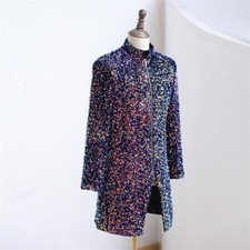 Men Formal Sequin Zip Up Tuxedo Long Jacket Dress Suit Blazer Showman Costume