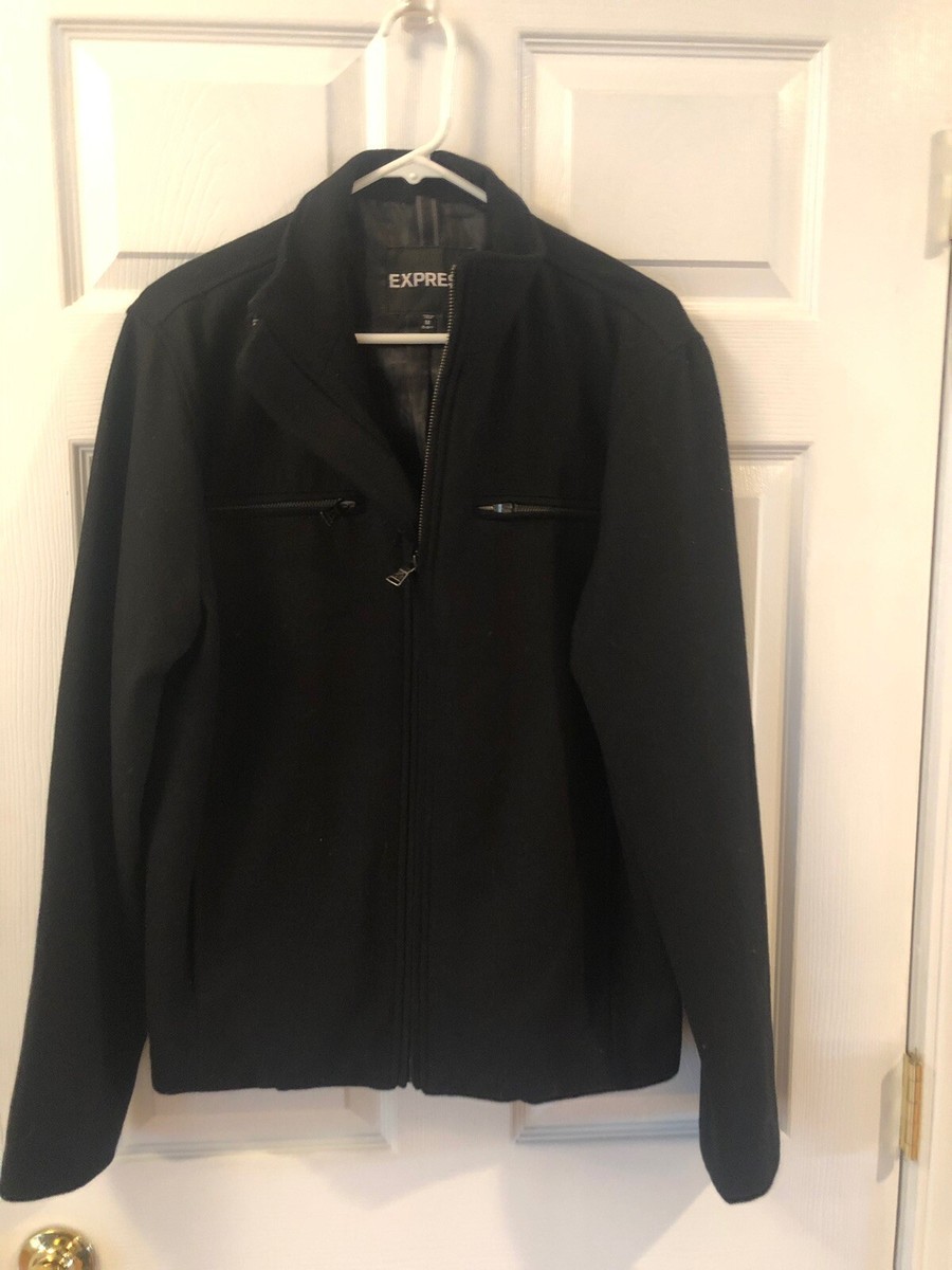 Express Mens Black Wool Blend Coat Jacket Zip Front Sz Express Mens Black Wool Blend Coat Jacket Zip Front Sz