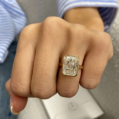 5CT Radiant Cut Lab Created Diamond Bezel Engagement Ring 14k Yellow Gold Plated