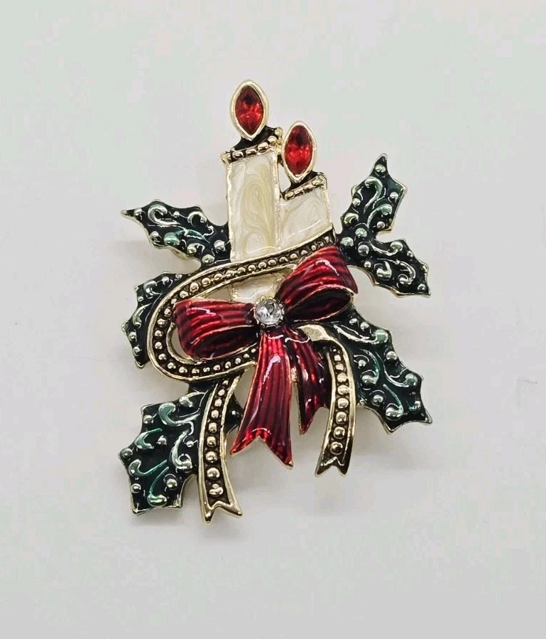 Broche de vela de Navidad broche de esmalte vintage joyería navideña arco cristal rojo Foto 3 de 4